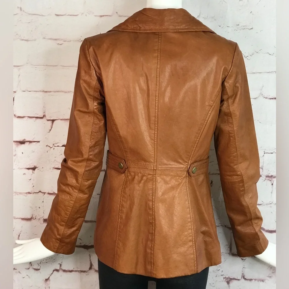 ANDREW MARC XS Caramel Brown British Cafe Racer Leather Moto Jacket Size XS - Picture 3 of 16